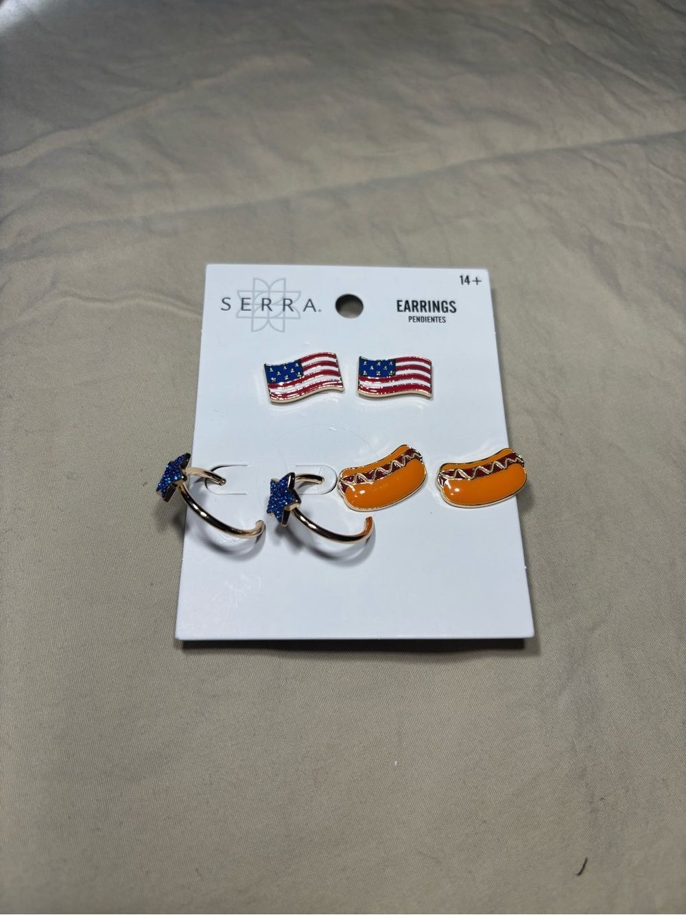 New Serra Red White Blue Flag, Orange Hot Dog & Blue Star Hoop Earring Set